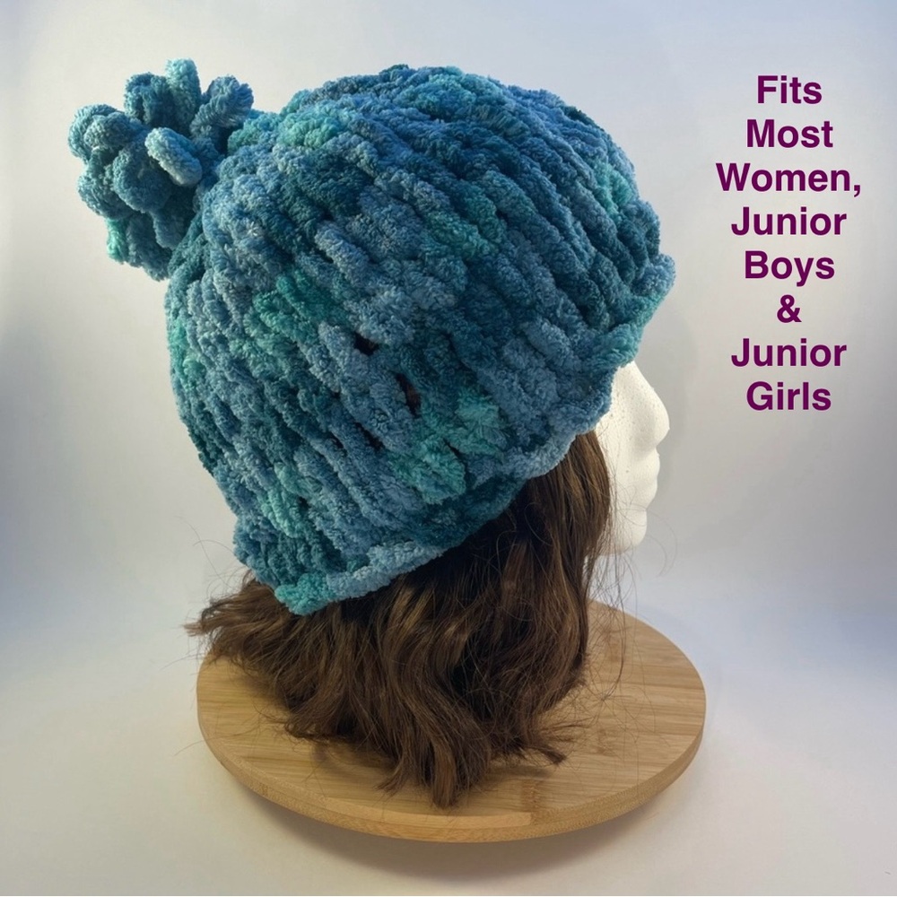 Handmade Women’s/Junior’s Winter Hat With Loopy Pom-Pom - Variegated Teal